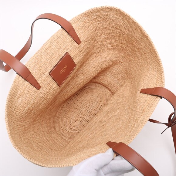 Celine Panier Raffia Leather Tote Bag Beige Tan Brown - Picture 7 of 8